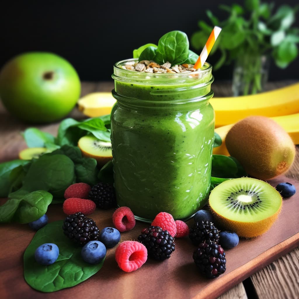 a vibrant green smoothie or juice packed with nutrient-rich leafy greens, luscious fruits, and an array of superfood toppings - a refreshing homage to the power of plant-based green beverages