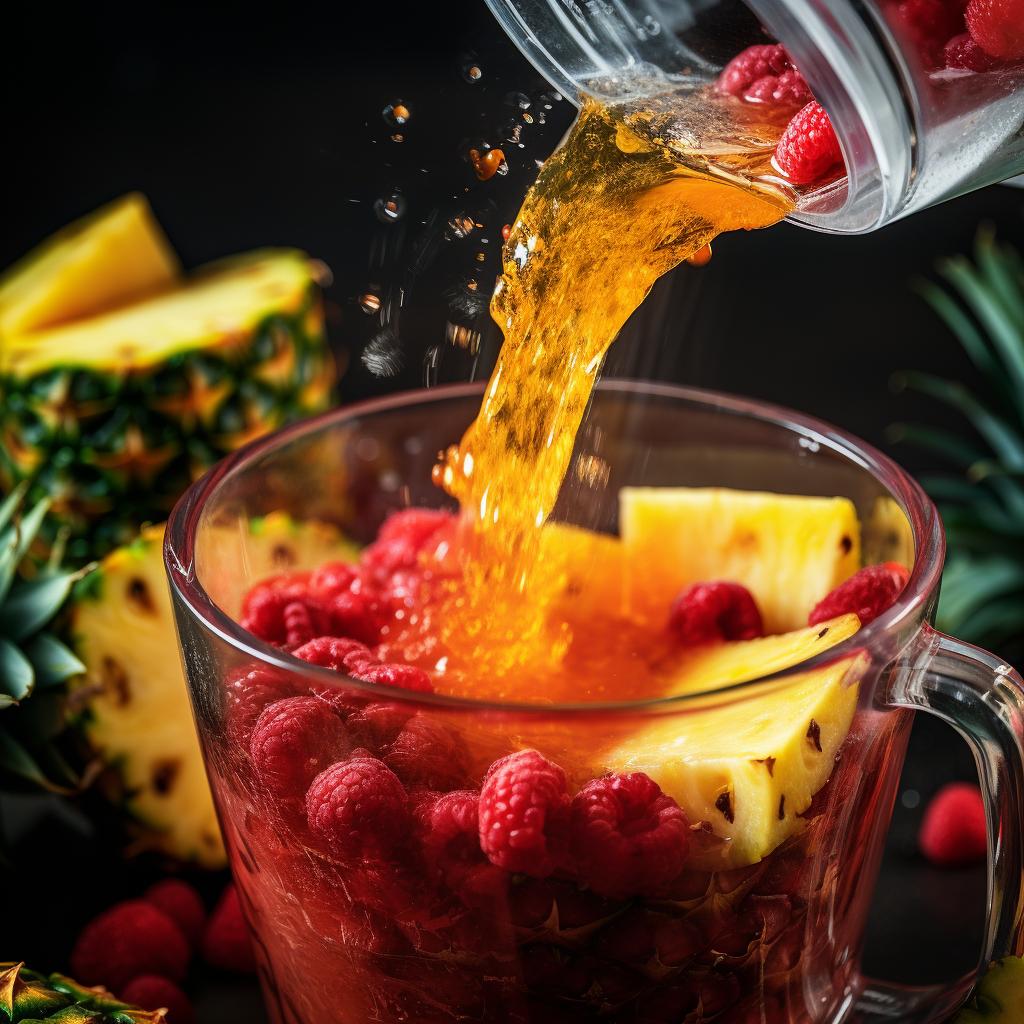 A lively shot of a juicer vigorously pressing out the vibrant juices from fresh pineapples and cranberries, skillfully extracting the essence of the juice-making process.