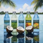 A playful arrangement of coconut water bottles on a vibrant background. Each bottle is adorned with clever hangover remedy phrases like Nature's Elixir and Hangover Savior, highlighting the wondrous attributes of coconut water.