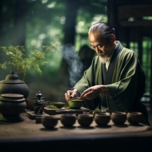 Captivating traditional Japanese tea ceremony, skilled tea master gracefully preparing green tea using precise techniques, showcasing the essence of mastering the art of green tea making.
