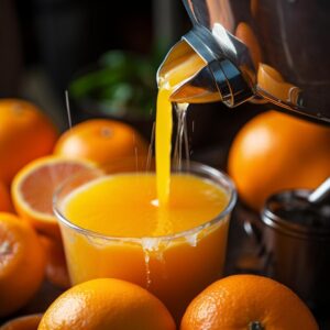 A close-up shot of an electric juicer working its magic, squeezing all the delicious juice from ripe, vitamin-packed oranges. Witness the process in action as this machine effortlessly removes all the pulp, leaving you with pure and refreshing orange juice.
