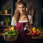 A middle-aged woman with a friendly and outgoing demeanor, wearing an apron and holding a glass of vibrant beet juice. She is surrounded by a colorful assortment of fruits and vegetables, showcasing the holistic and organic approach to maintaining optimal health through nutrition. Her passion for healthy food and drinks is evident in her joyful expression.